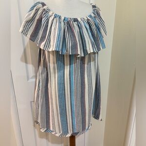 Striped on/off Dress with Ruffle Neckline